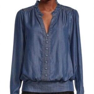 KARL LAGERFELD PARIS Ruffle Trim Chambray Blouse Size M